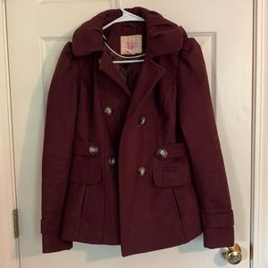 Burgundy pea coat with detachable hood